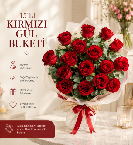 Şık Sunumlu 15’li Gül Buketi