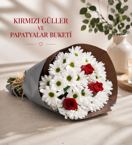 Zarif Kırmızı Gül & Beyaz Papatya Buketi